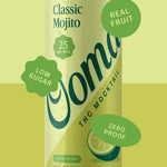 Can of Classic Mojito THC Mocktail with green callouts of "Real Fruit", Low Sugar" and "Zero Proof" on a yellow and green background