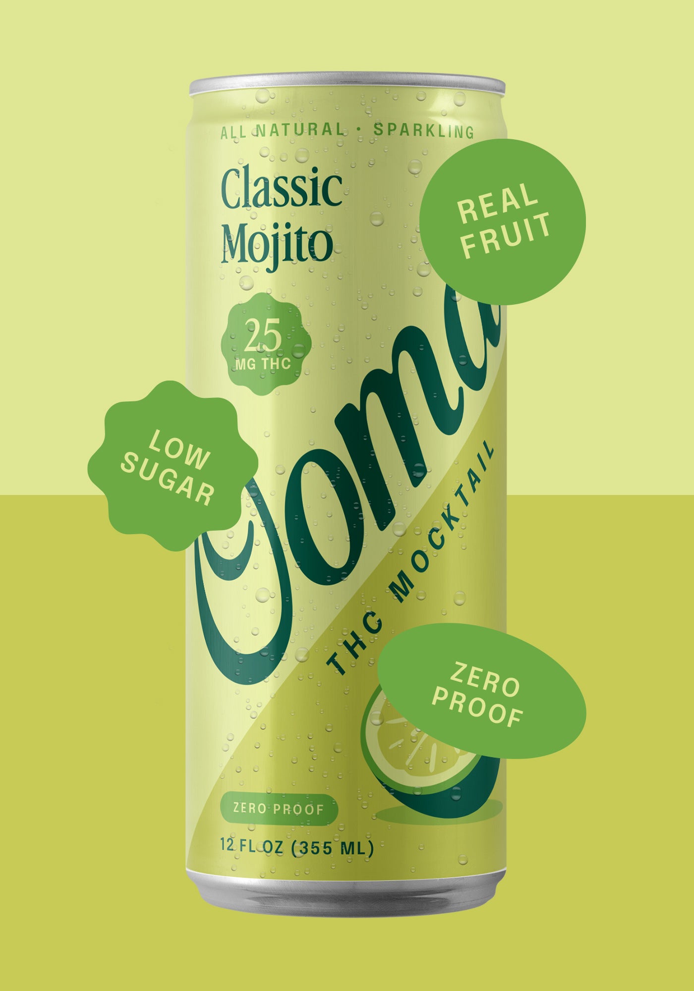 Can of Classic Mojito THC Mocktail with green callouts of "Real Fruit", Low Sugar" and "Zero Proof" on a yellow and green background