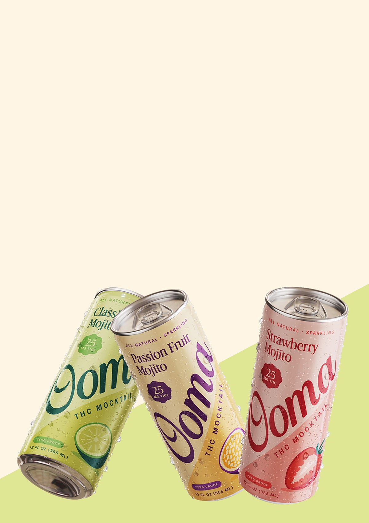 Three cans of Ooma mojito mocktails on a light green background